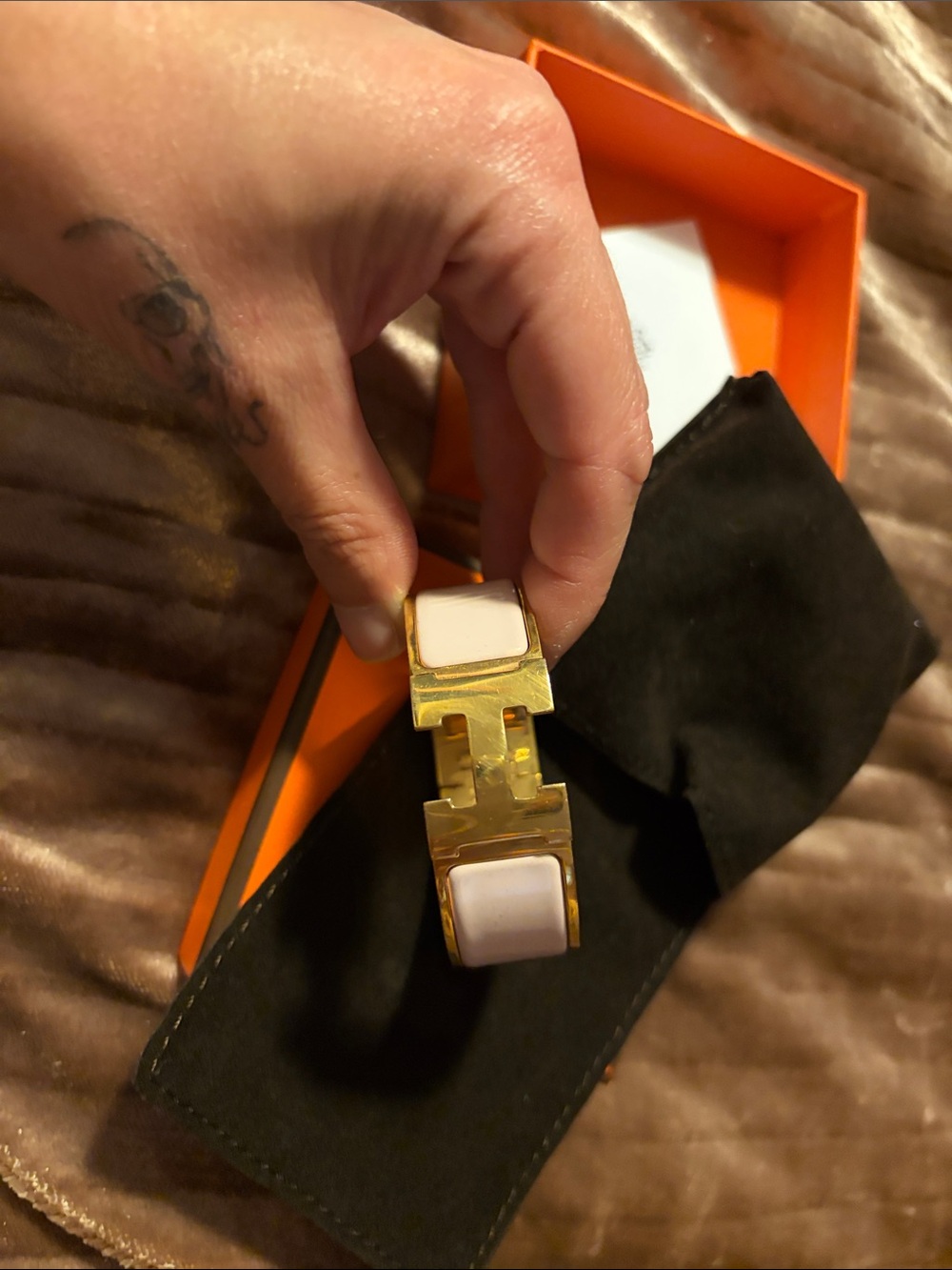 Hermes White Enamel and Gold H Cuff Bracelet